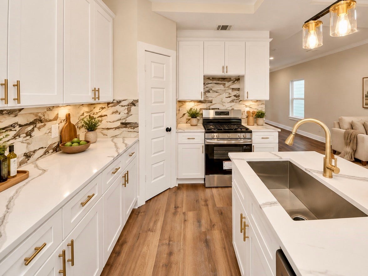 6624 Nielan Street, Houston, TX 77028 The kitchen combines white cabinetry, quartz countertops, contrasting hardware, and a decorative backsplash with stainless steel appliances, including an electric range, microwave, and dishwasher. | Virtually Staged