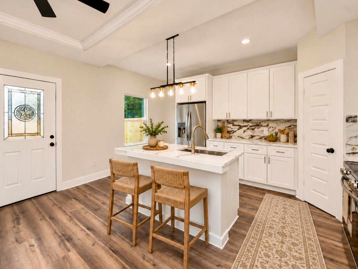 6624 Nielan Street, Houston, TX 77028 The kitchen features quartz countertops, a spacious center island, pendant lighting, white soft-close cabinetry, and a decorative backsplash. Stainless steel appliances and modern fixtures complete the design. | Virtually Staged