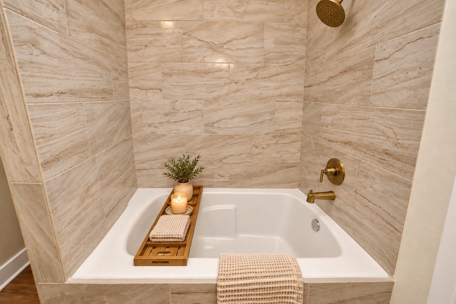 6624 Nielan Street, Houston, TX 77028 A closer look at the primary bathroom's soaking tub, surrounded by decorative tile and complemented by modern fixtures, offering a comfortable place to relax at the end of the day. | Virtually Staged