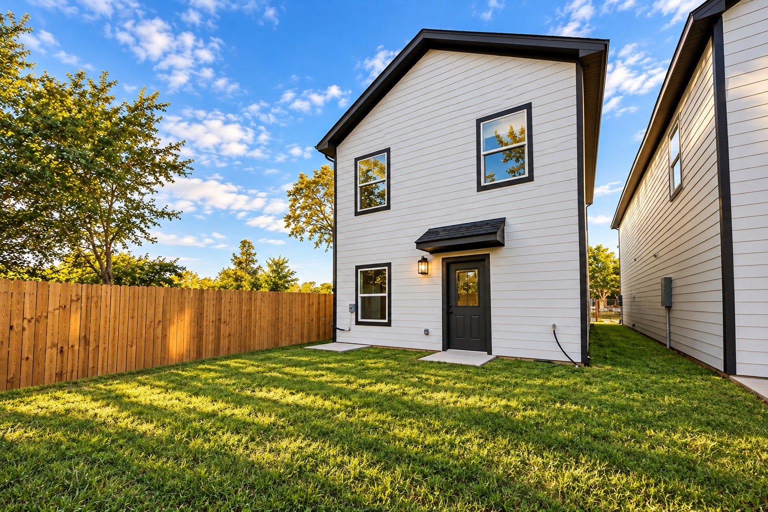 6624 Nielan Street, Houston, TX 77028 The fully fenced backyard offers private outdoor space with room for relaxing, gardening, or enjoying time outside. The home's rear elevation continues the clean architectural style found throughout the property.