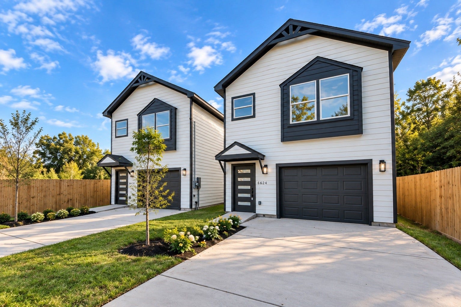 6624 Nielan Street, Houston, TX 77028 The home's modern farmhouse-inspired exterior combines cement board siding, stone accents, dark trim, and a welcoming covered entry. A private driveway leads to the attached 1-car garage.