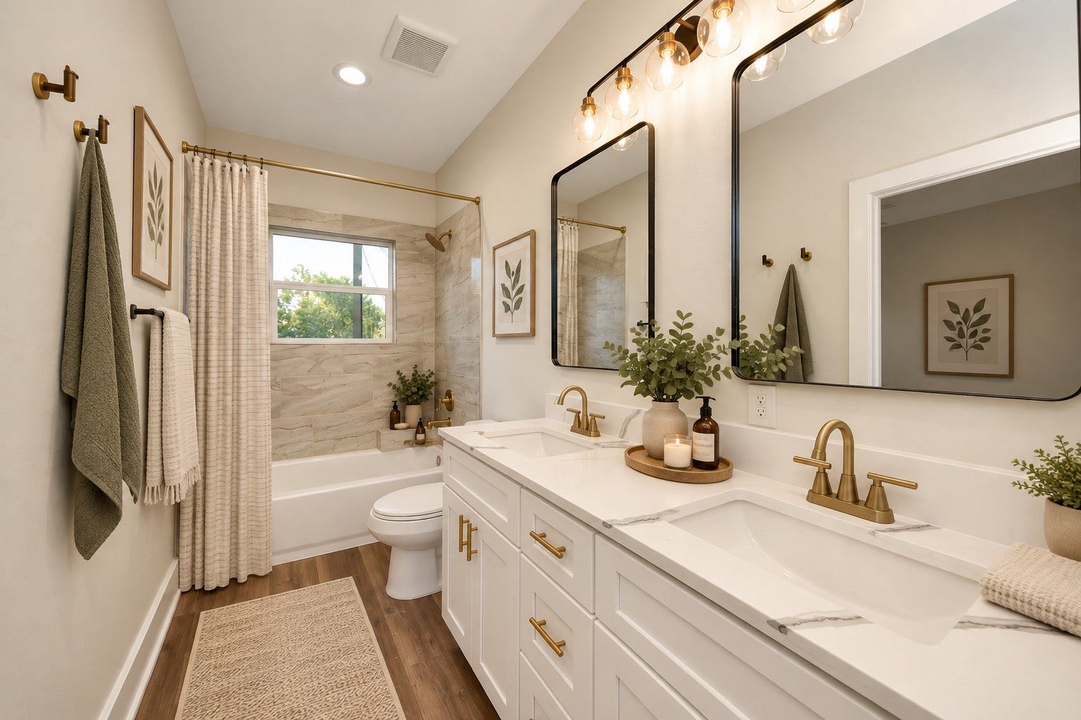 6624 Nielan Street, Houston, TX 77028 The upstairs bathroom serves the two secondary bedrooms and features dual sinks, quartz countertops, cabinet storage, and a tub and shower combination with a tiled surround. | Virtually Staged