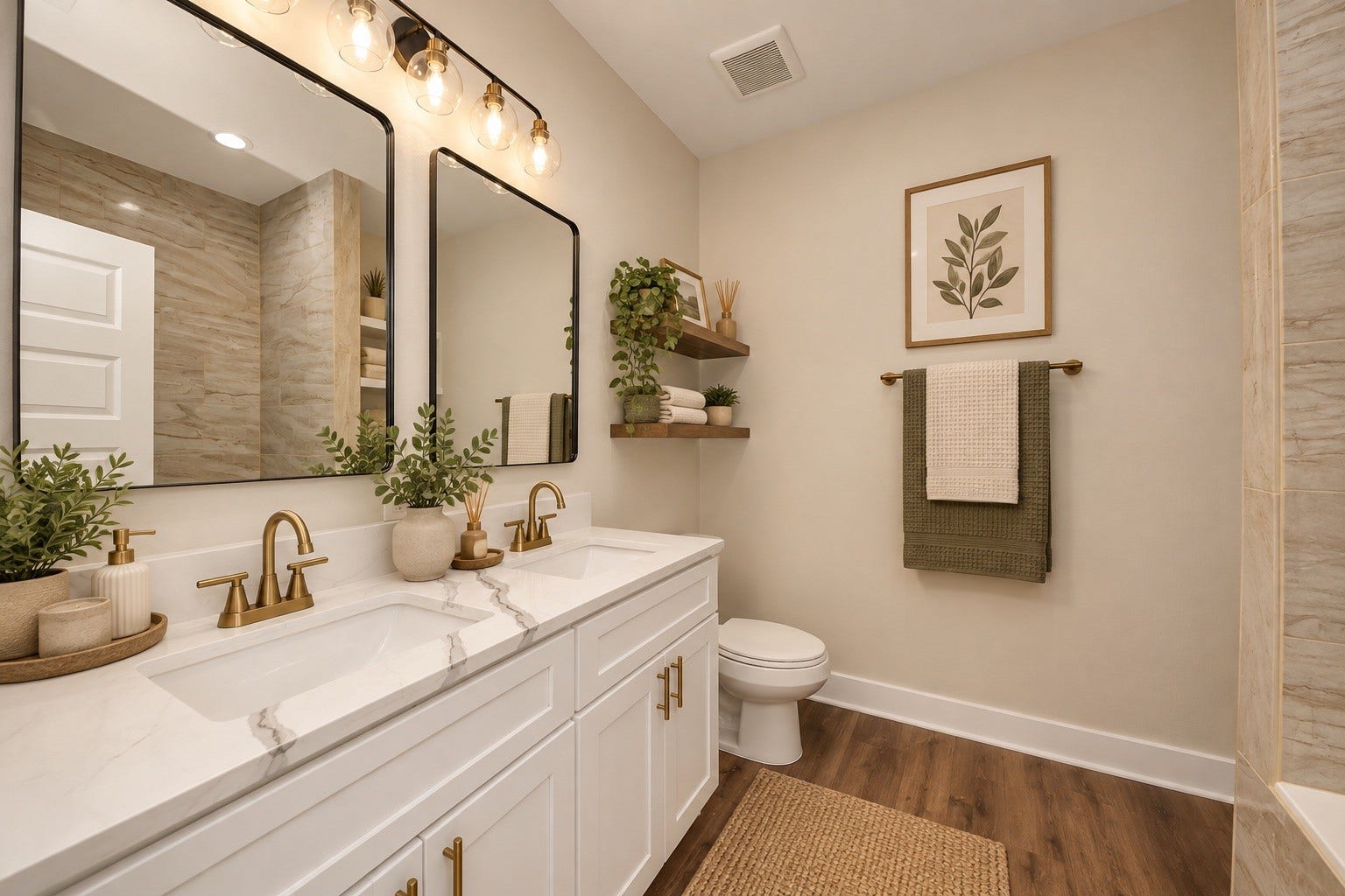 6624 Nielan Street, Houston, TX 77028 The primary bathroom features a dual-sink vanity with quartz countertops, modern fixtures, and ample cabinet storage. A soaking tub complete the private en-suite bathroom. | Virtually Staged