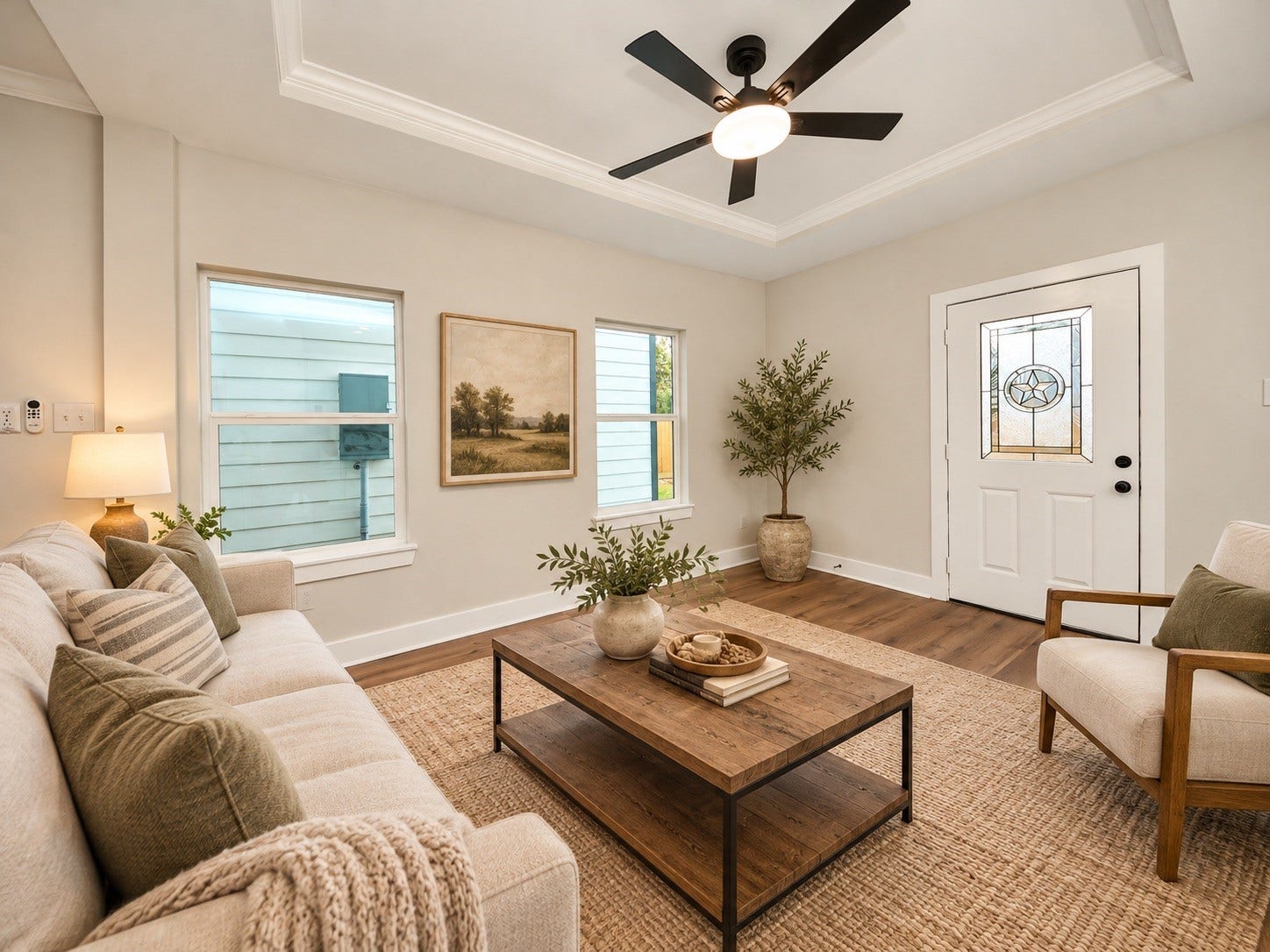 6624 Nielan Street, Houston, TX 77028 The family room features a decorative tray ceiling, ceiling fan, recessed lighting, and energy-efficient windows that bring in natural light. Its open layout creates a comfortable connection to the dining area and kitchen. | Virtually Staged