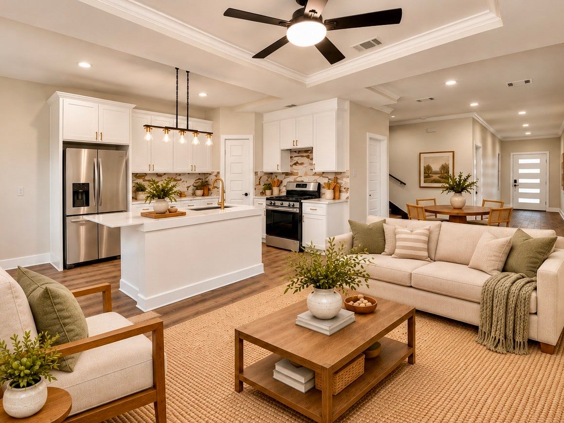 6624 Nielan Street, Houston, TX 77028 A wider view of the main living area highlights the seamless flow between the family room and kitchen. Luxury vinyl plank flooring, crown molding, and the spacious kitchen island bring the space together. | Virtually Staged