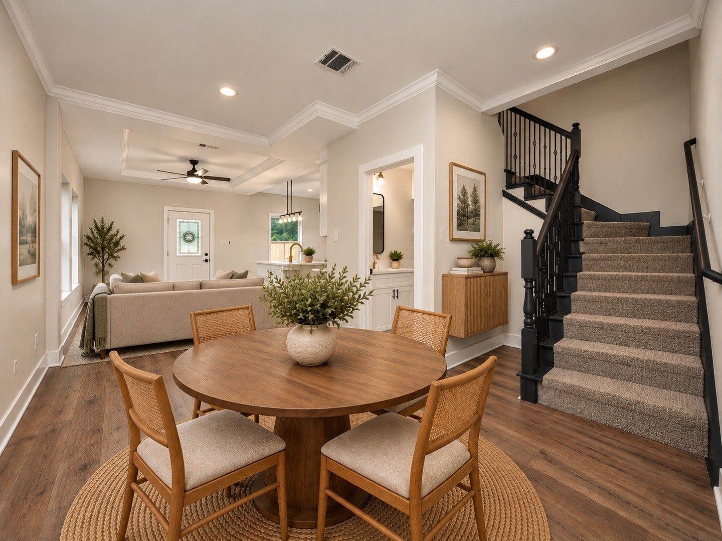 6624 Nielan Street, Houston, TX 77028 Step inside to an inviting open-concept layout featuring 9-foot ceilings, luxury vinyl plank flooring, crown molding, oversized baseboards, and recessed lighting. The dining area flows naturally into the family room and kitchen, while the staircase adds architectural character. | Virtually Staged