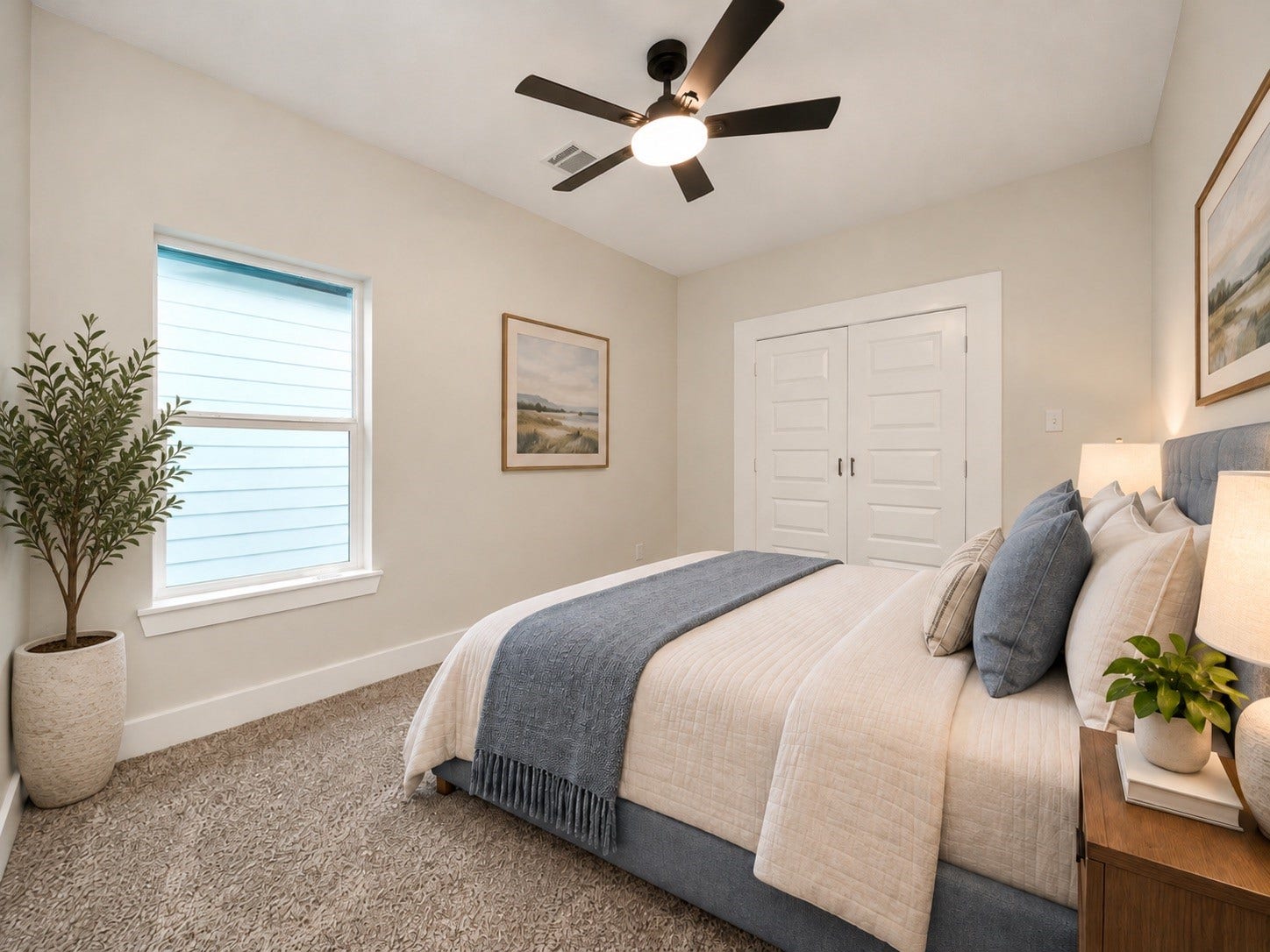6624 Nielan Street, Houston, TX 77028 This second-floor secondary bedroom measures approximately 14 x 10 feet and features a ceiling fan, natural light, and a neutral color palette. The room is conveniently located near the shared bathroom. | Virtually Staged