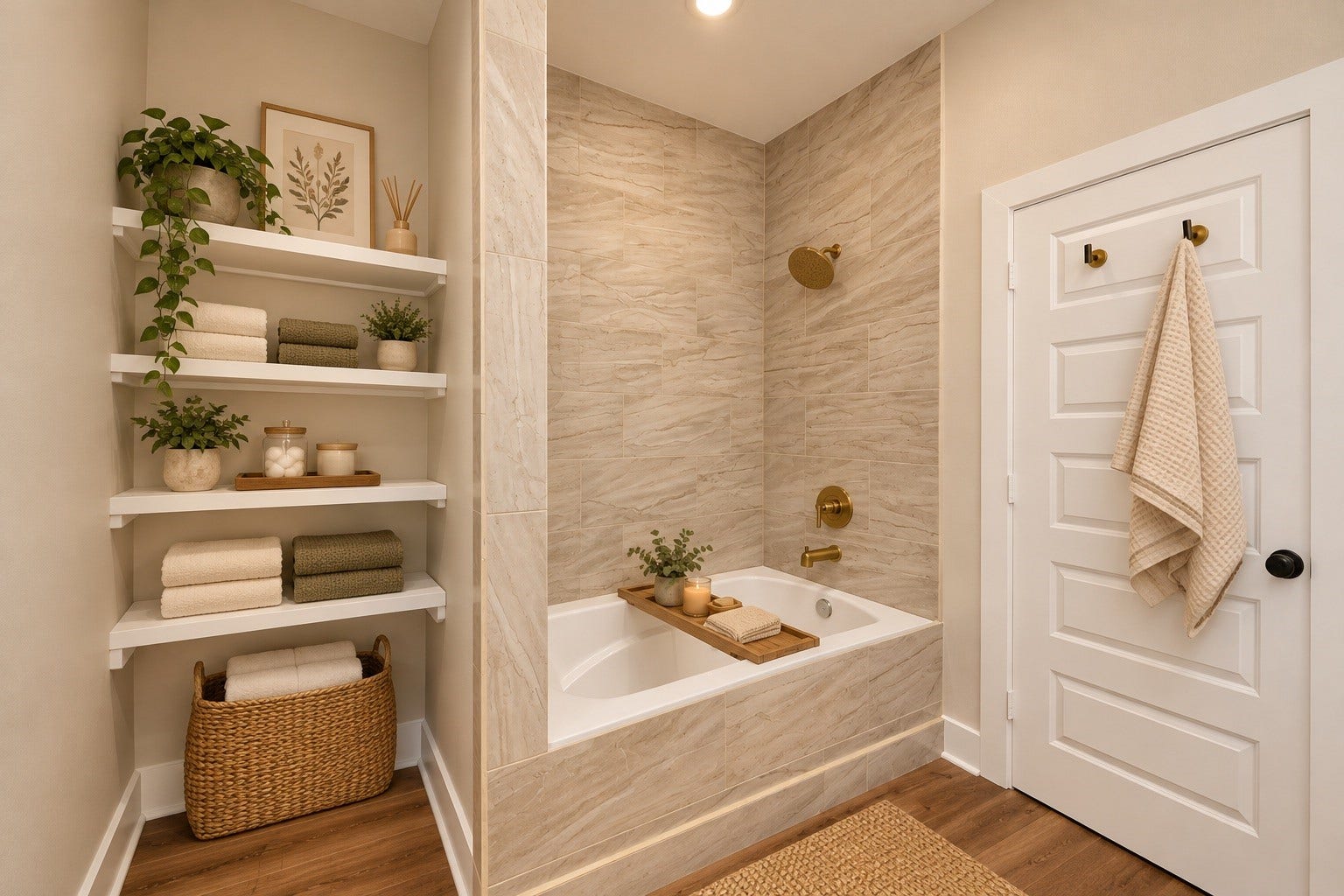 6624 Nielan Street, Houston, TX 77028 Another look at the primary bathroom highlights the separate soaking tub, decorative tile finishes, and built-in shelving, providing additional storage and a relaxing space to unwind. | Virtually Staged