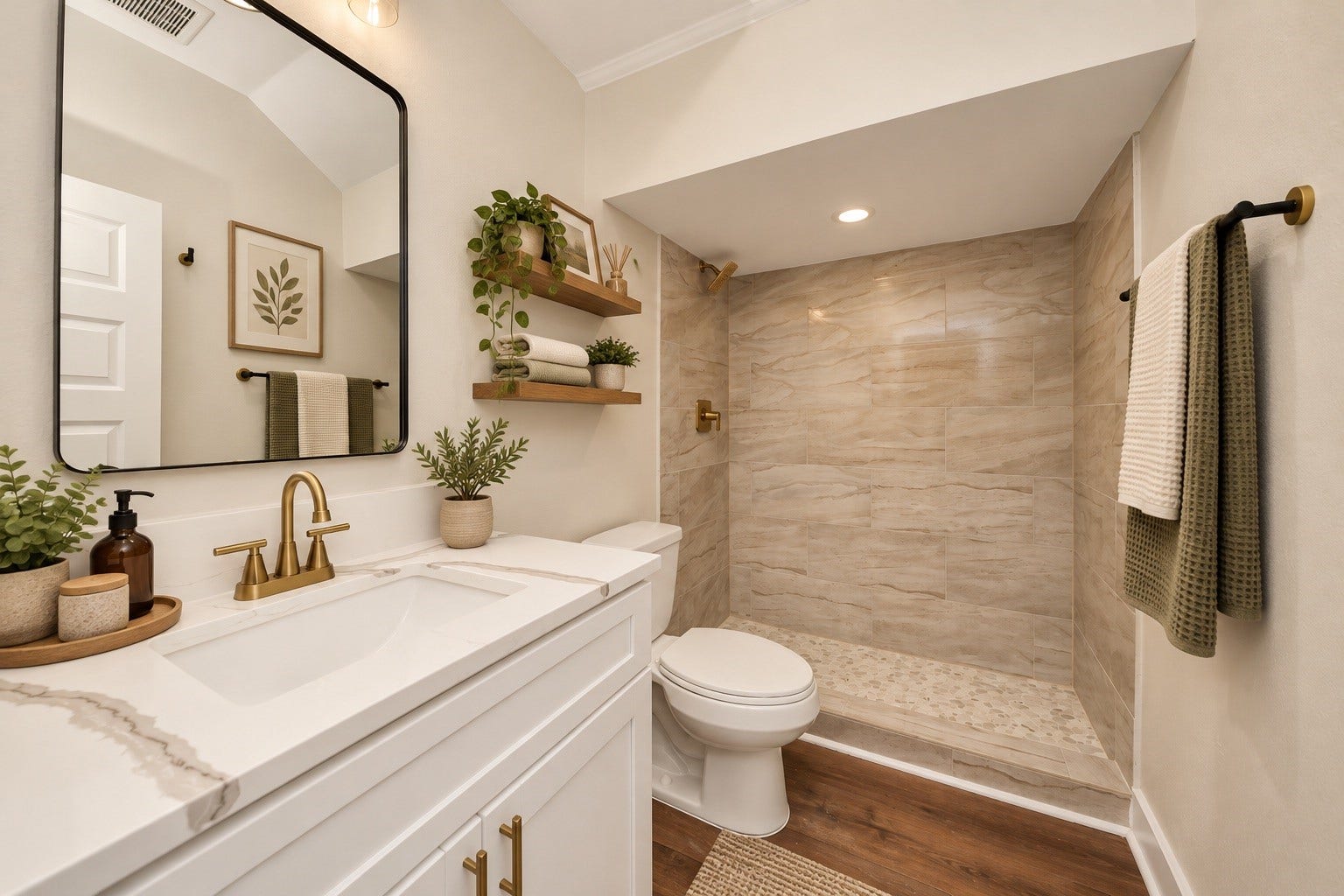 6624 Nielan Street, Houston, TX 77028 Conveniently located on the first floor, this full bathroom features a modern vanity and tiled walk-in shower, providing easy access from the main living areas without having to go upstairs. | Virtually Staged