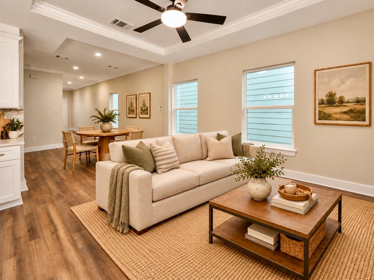 6624 Nielan Street, Houston, TX 77028 Looking back toward the family room, the open layout creates a natural connection between the kitchen, dining, and living areas. Nine-foot ceilings, luxury vinyl plank flooring, and recessed lighting enhance the spacious feel. | Virtually Staged