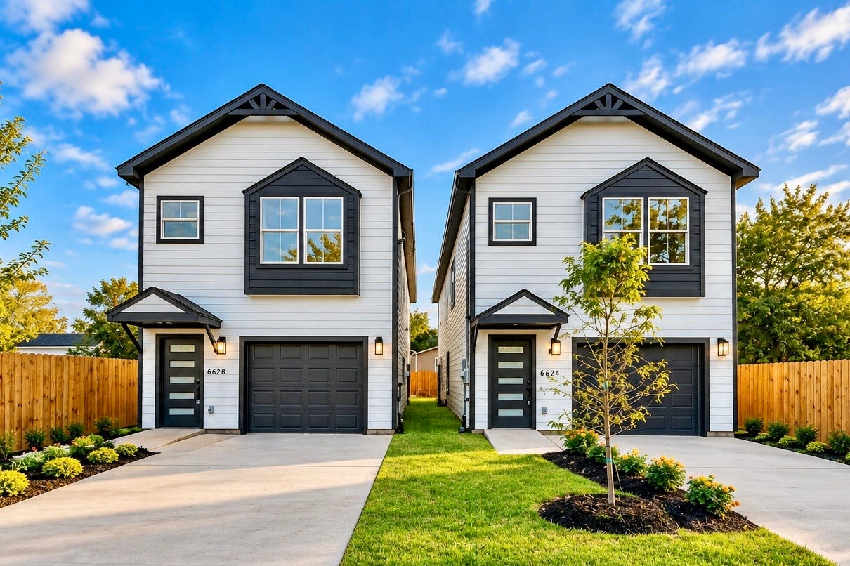 6624 Nielan Street, Houston, TX 77028 Another look at 6624 and neighboring 6628 Nielan Street, two new homes featuring identical floor plans with contemporary finishes, contrasting exterior accents, and thoughtfully designed living spaces.