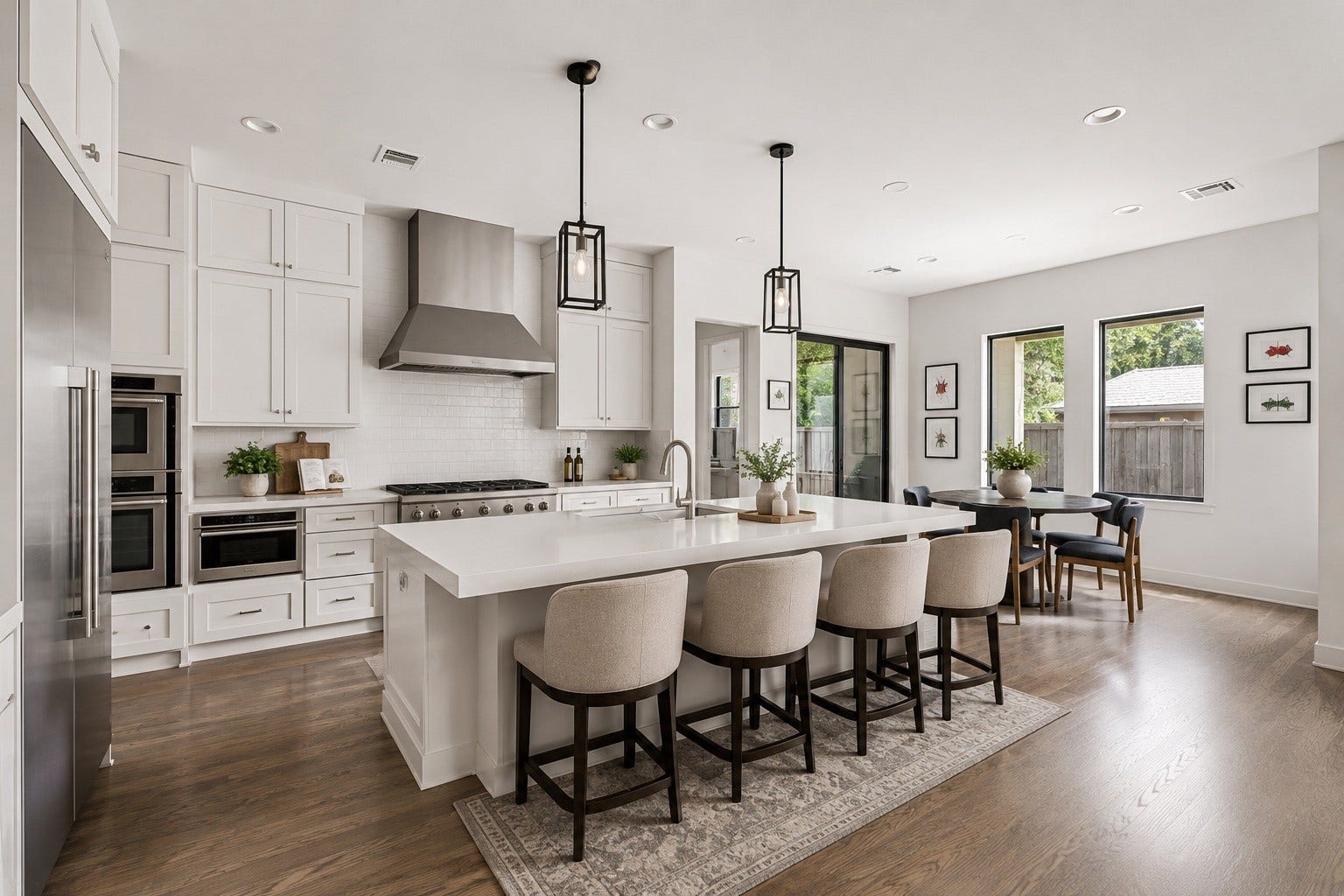 4638 Merwin Street, Houston, TX 77027 Designed for both style and function, the gourmet kitchen features premium Thermador appliances, double ovens & a gas cooktop. An oversized island serves as the centerpiece, complemented by mitered edge quartz countertops and breakfast bar seating.