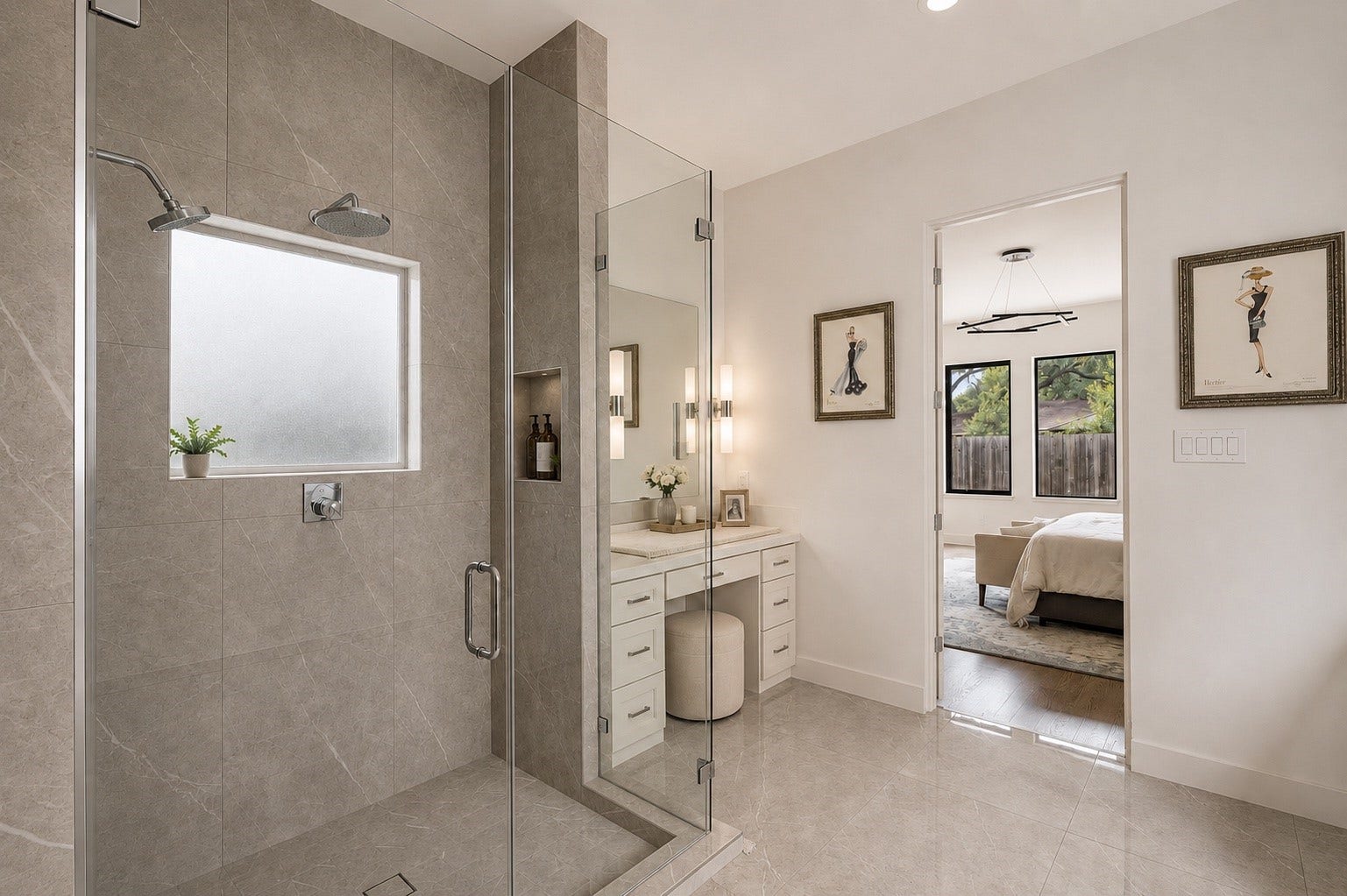 4638 Merwin Street, Houston, TX 77027 Within the primary bathroom, an oversized glass enclosed walk-in shower features waterfall, rain & handheld shower heads for a true spa like experience.