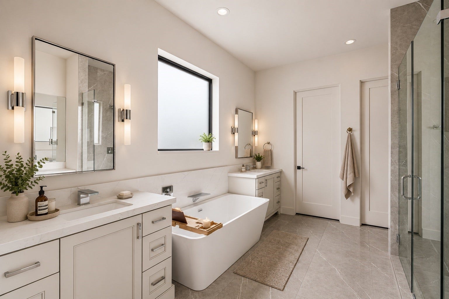 4638 Merwin Street, Houston, TX 77027 The luxurious ensuite bath features dual vanities with waterfall faucets, a soaking tub & a spacious walk-in shower with Hansgrohe and Toto fixtures.