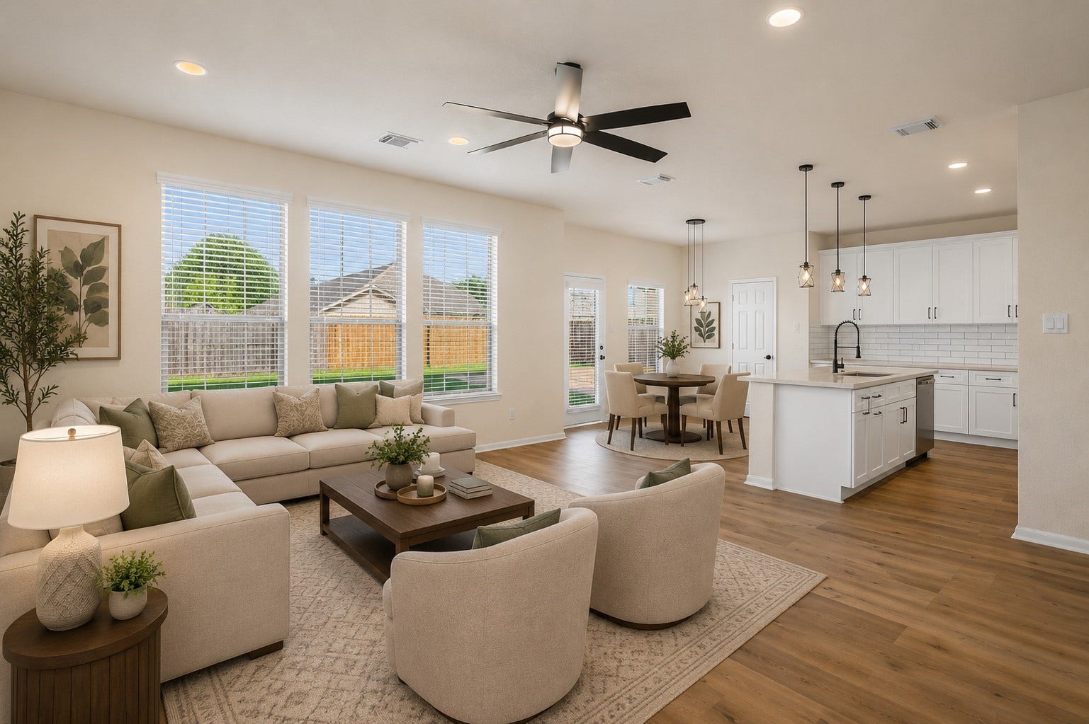 Family Room overlooking the kitchen. Virtually Staged