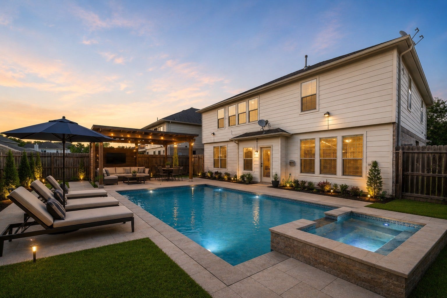 Large backyard with plenty of room for a custom pool and outdoor entertaining. (Virtually staged to illustrate the backyard's potential.)