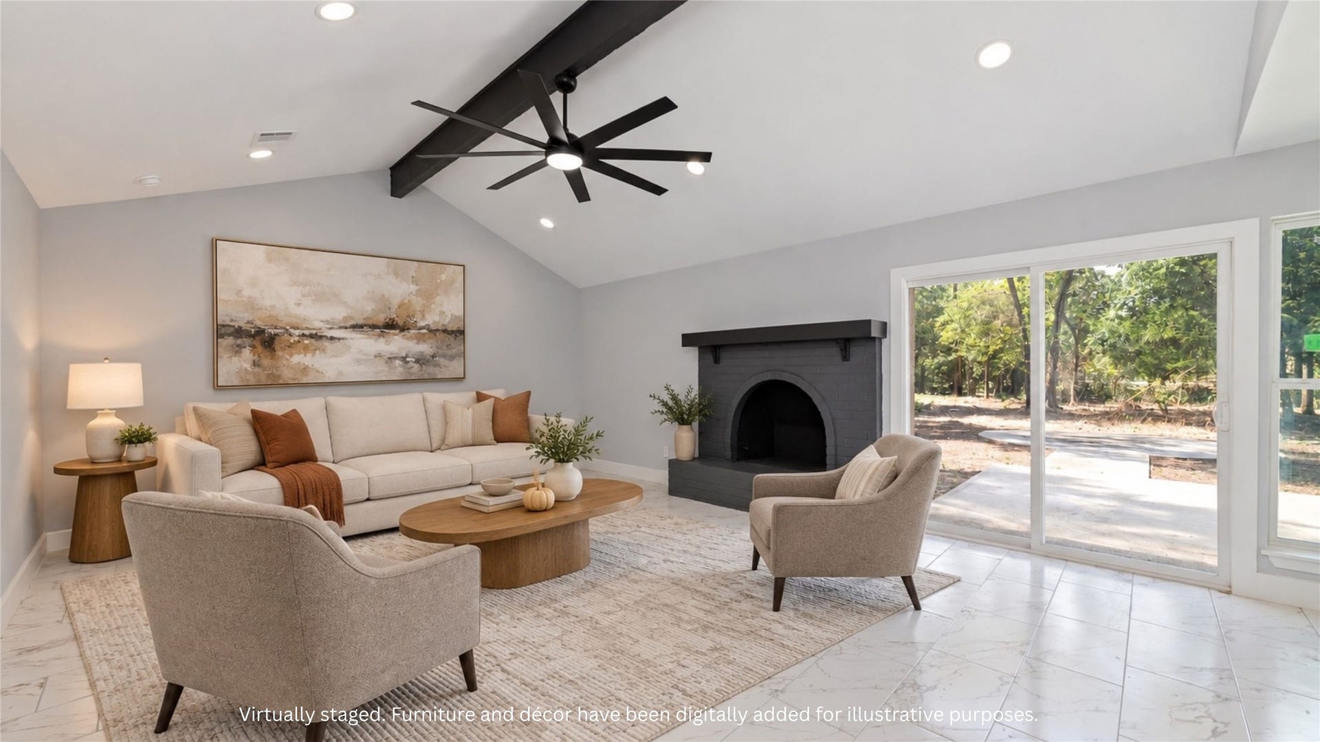 Virtually staged living room featuring a vaulted ceiling, contrasting beam, fireplace and backyard-facing windows. Furnishings and dcor digitally added to illustrate a seating layout.