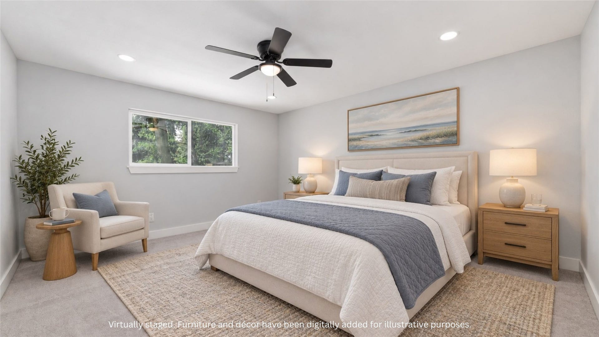 The primary bedroom features neutral tones, Virtually staged bedroom with a proposed bed and seating arrangement, recessed lighting and a ceiling fan. Furnishings and dcor digitally added for illustration.