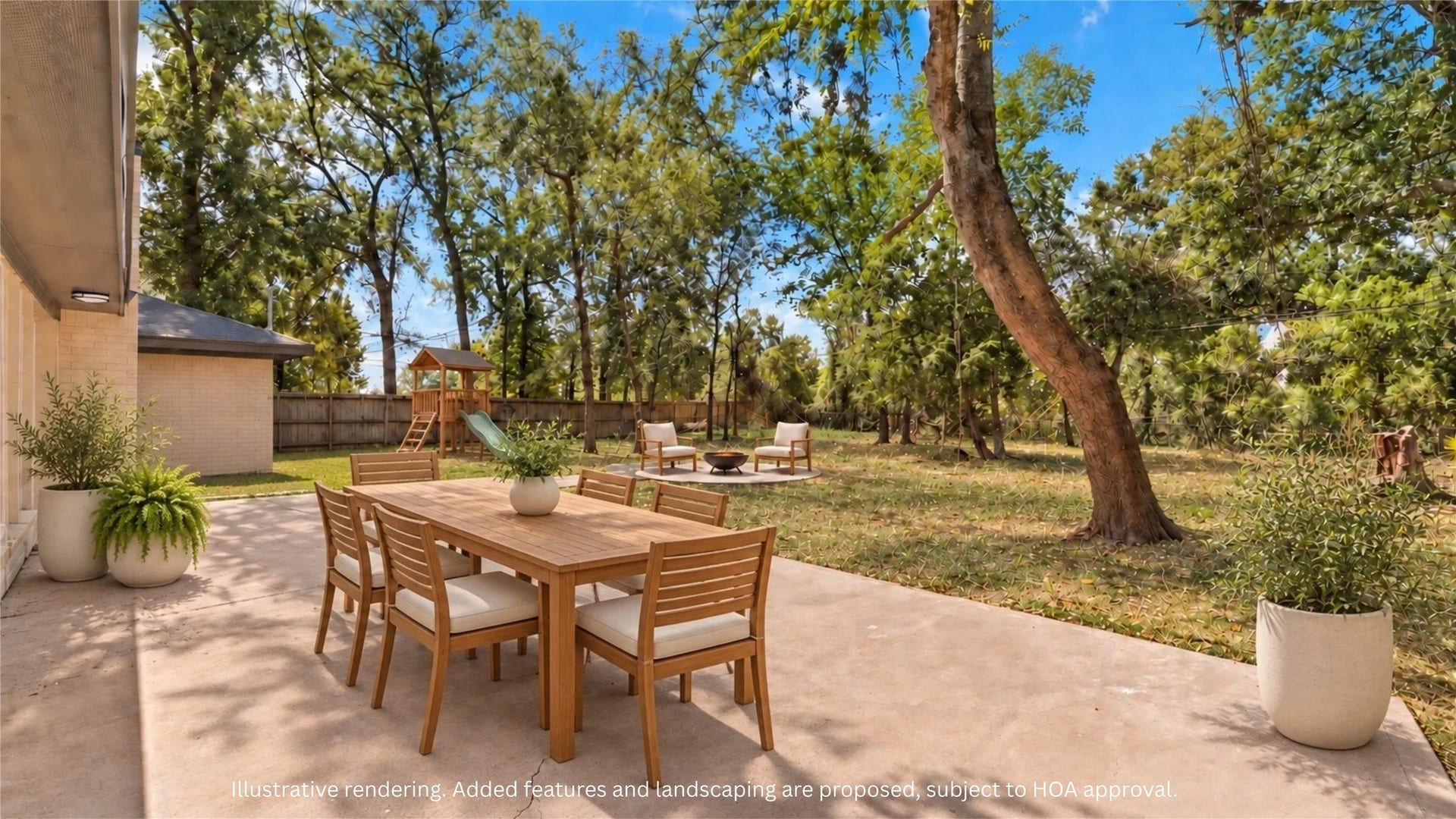 Digitally altered backyard concept illustrating possible outdoor dining, seating, play equipment and landscaping. Proposed additions are not existing property features; any required approvals must be obtained.