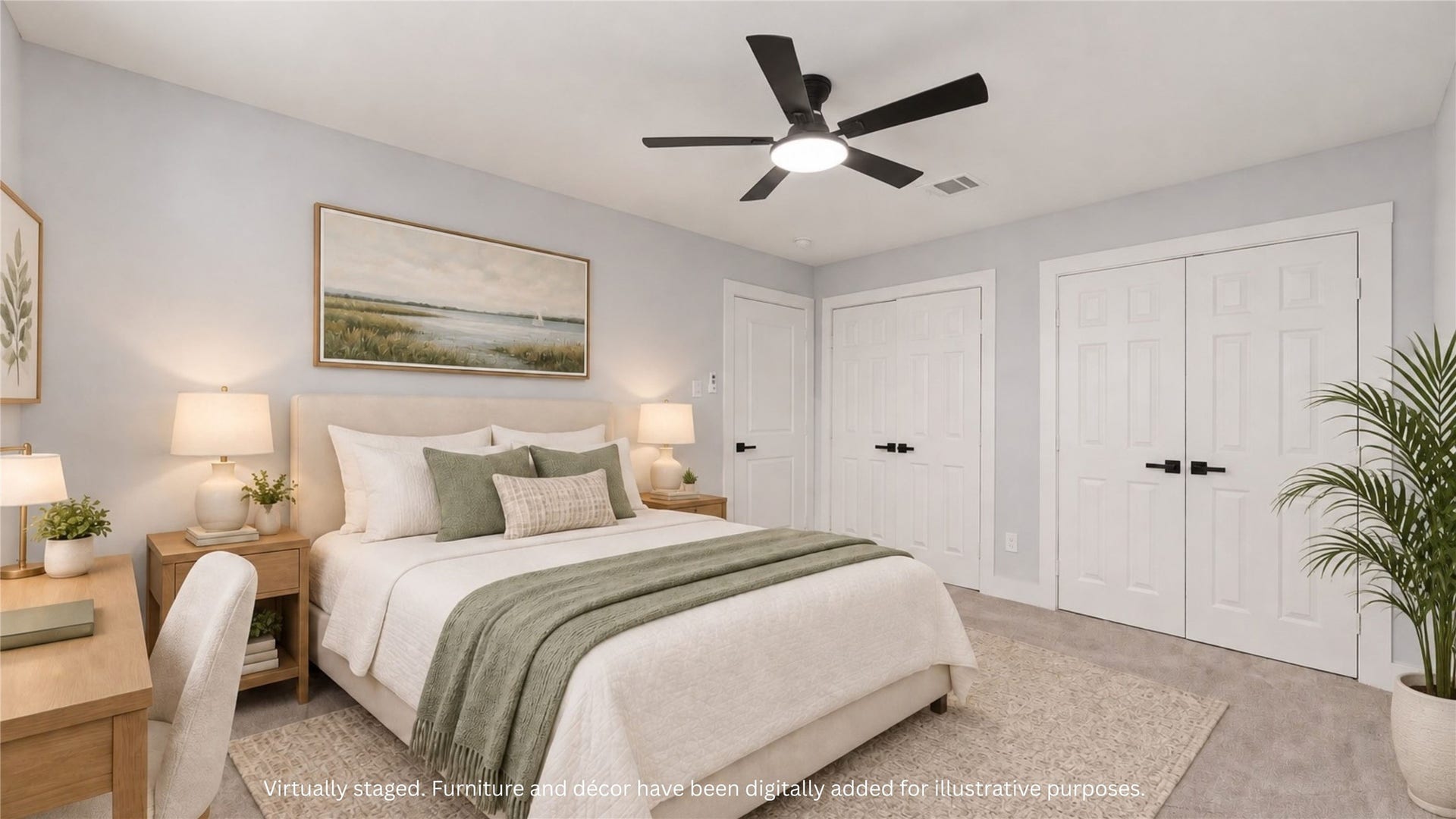 Virtually staged bedroom showing a possible bed arrangement with bedside tables and a small desk. Furnishings and dcor digitally added for illustration.