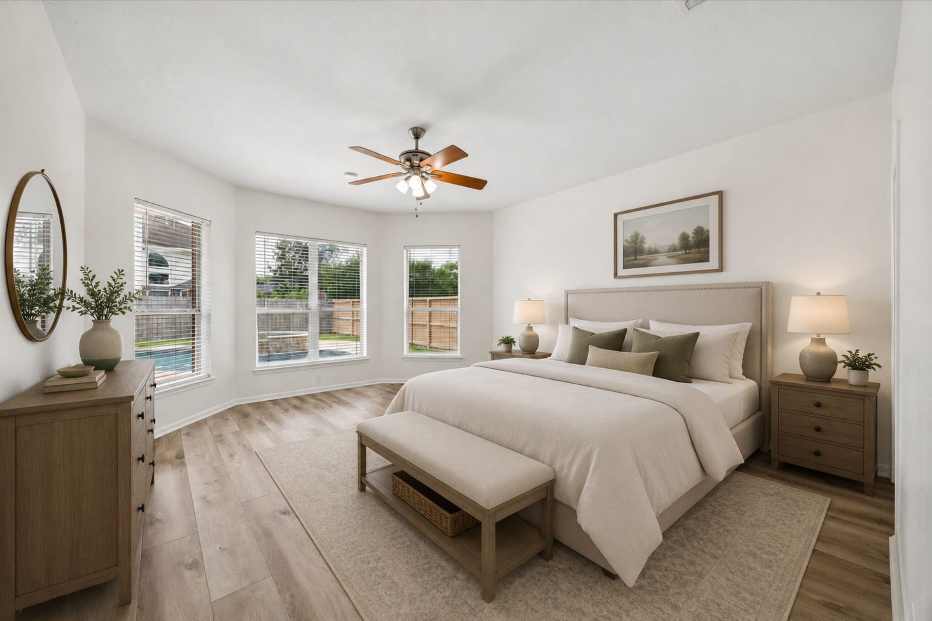 The spacious primary suite offers abundant natural light and peaceful views of the backyard. **Virtually Stage.
