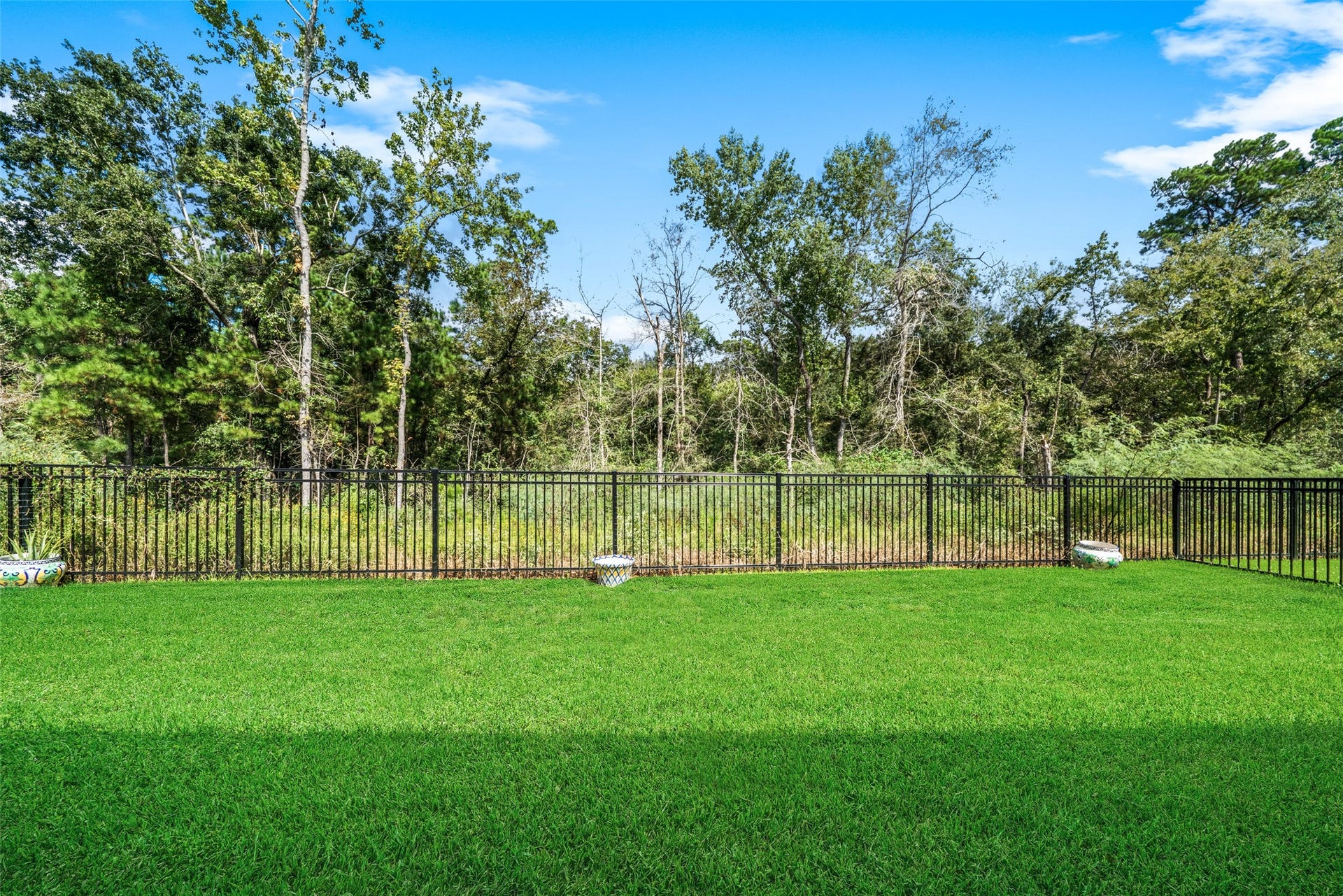 118 Sierra Stream Court, Conroe, TX 77304 Beautifully maintained backyard features lush green grass and elegant wrought-iron fencing overlooking a serene, wooded greenbelt. With no rear neighbors, this exceptional setting offers privacy, natural beauty, and a peaceful backdrop for outdoor living.