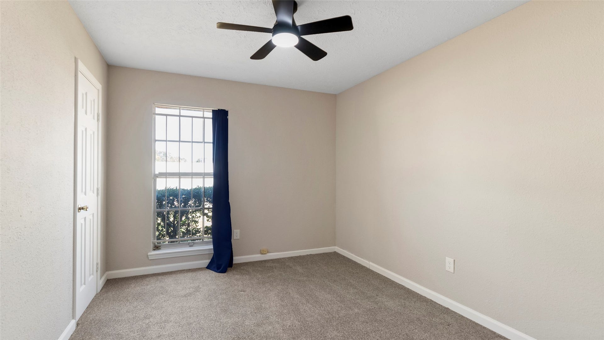 Additional bedroom with a tall window and ceiling fan.
