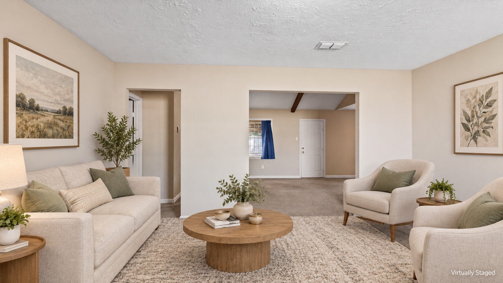 Virtually staged front living room with inviting seating and warm, neutral dcor.