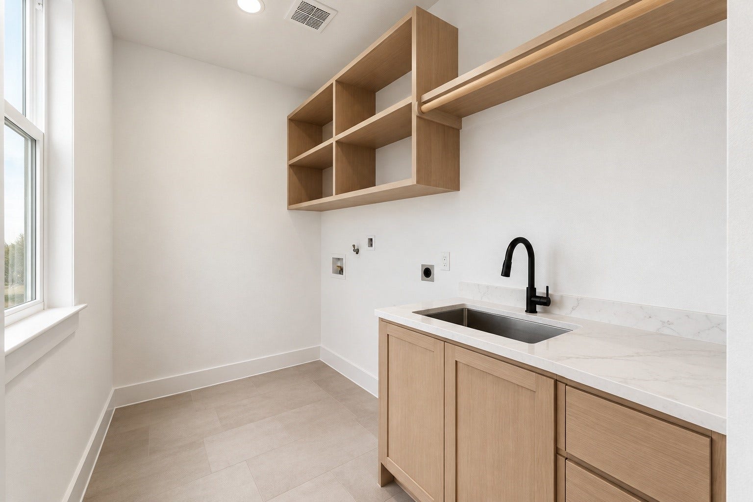 The laundry room upstairs offers a custom cabinet as well as a sink for additional functionality. (Photos of a previously built home with the same floor plan. For illustrative purposes only; final finishes may vary.)