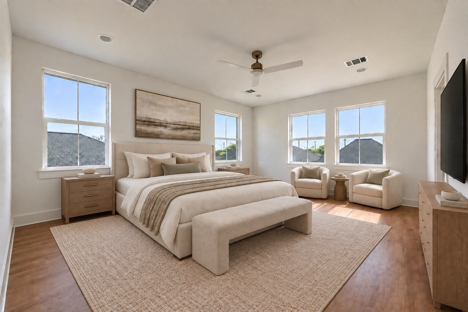 Your ample primary bedroom is bathed in natural light and enhanced by recessed lighting. The luxury vinyl flooring brings the perfect balance of elegance and practicality to this ever-so crucial space. (Virtually Staged)