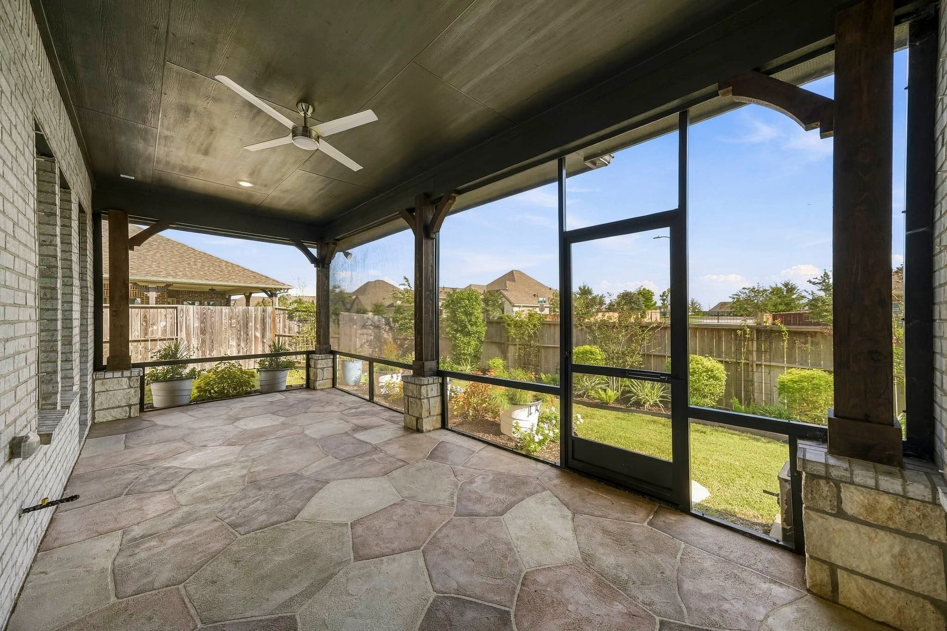 9527 Waxwing Trace, Manvel, TX 77578 Screened-in patio with permacrete stone floor.