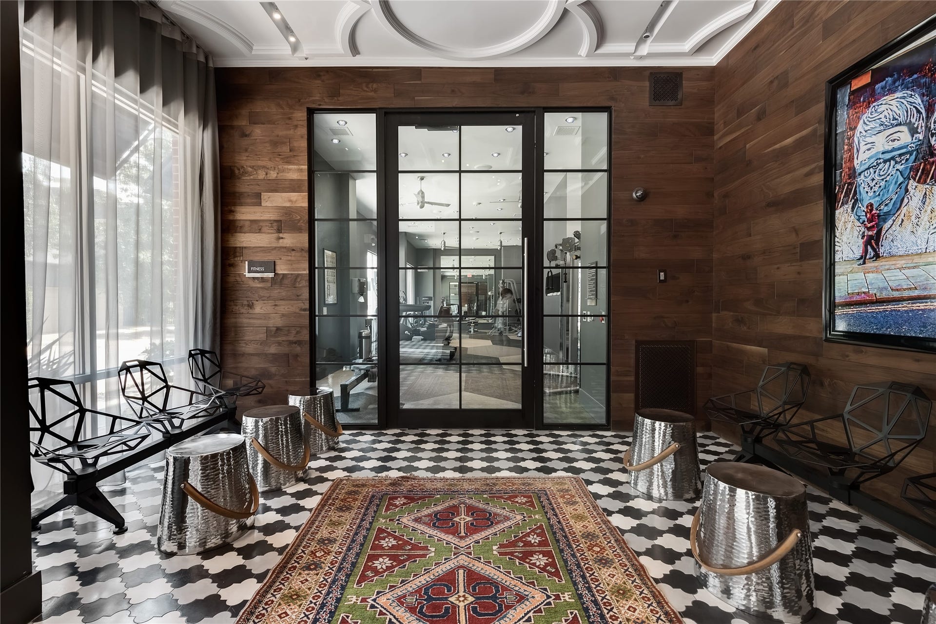 Example of an elevator lobby in building 4.While this is a Montrose location, it provides easy access to Downtown via car or METRORail. Also easy access to freeways and the Texas Medical Center.