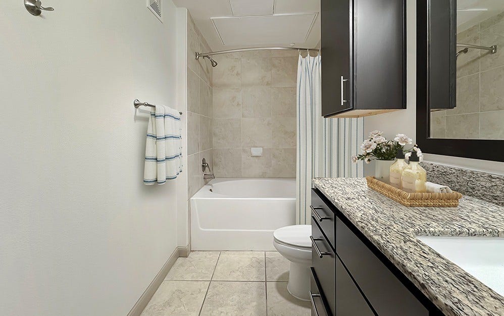Well-appointed bathroom featuring granite countertops, dark cabinetry, and a tub/shower combination with neutral tile surround. Ample vanity storage and classic finishes create a clean, functional space.