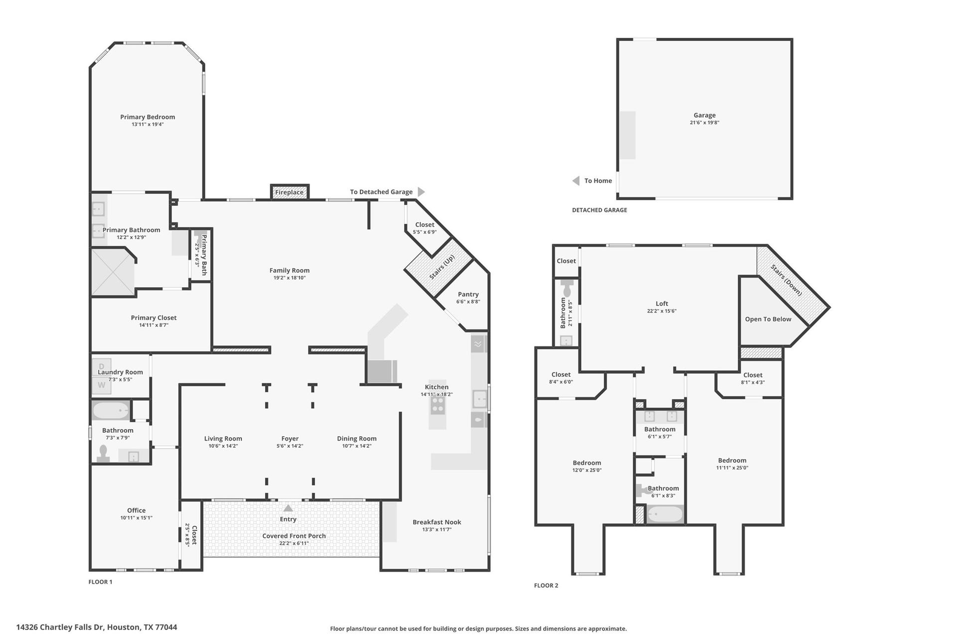 This floor plan features a spacious two-story home with a primary bedroom and bath on the main floor, along with a family room, kitchen, living and dining areas, office, and laundry room. The upper level includes two bedrooms, a loft, and additional bathrooms. A detached garage is also included.