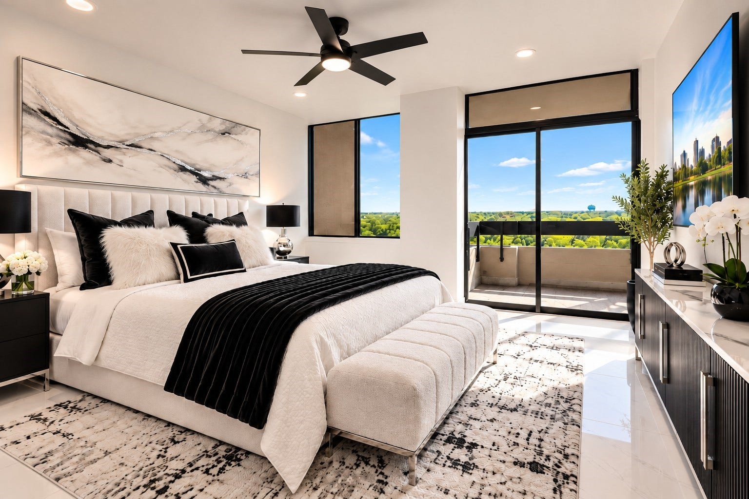 14655 Champion Forest Drive, #1201, Houston, TX 77069 WAKE UP ABOVE IT ALL! Sunlight pours through the picture window with sweeping 12th-floor treetop views, while sliding glass doors open to your private terrace. This luxe bedroom retreat features fresh neutral finishes, recessed lighting & a sleek modern ceiling fan. Select furnishings virtually staged and not included in lease.