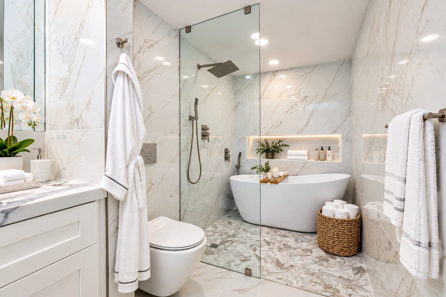 14655 Champion Forest Drive, #1201, Houston, TX 77069 DAYLIGHT LUXURY! Bright, crisp and spa-like by day, this view showcases the floor-to-ceiling tile, frameless glass wet room, freestanding soaking tub, rainfall shower, handheld fixtures and built-in niche. Plush linens and a hotel-style robe complete the retreatsame spectacular bath, entirely different mood.