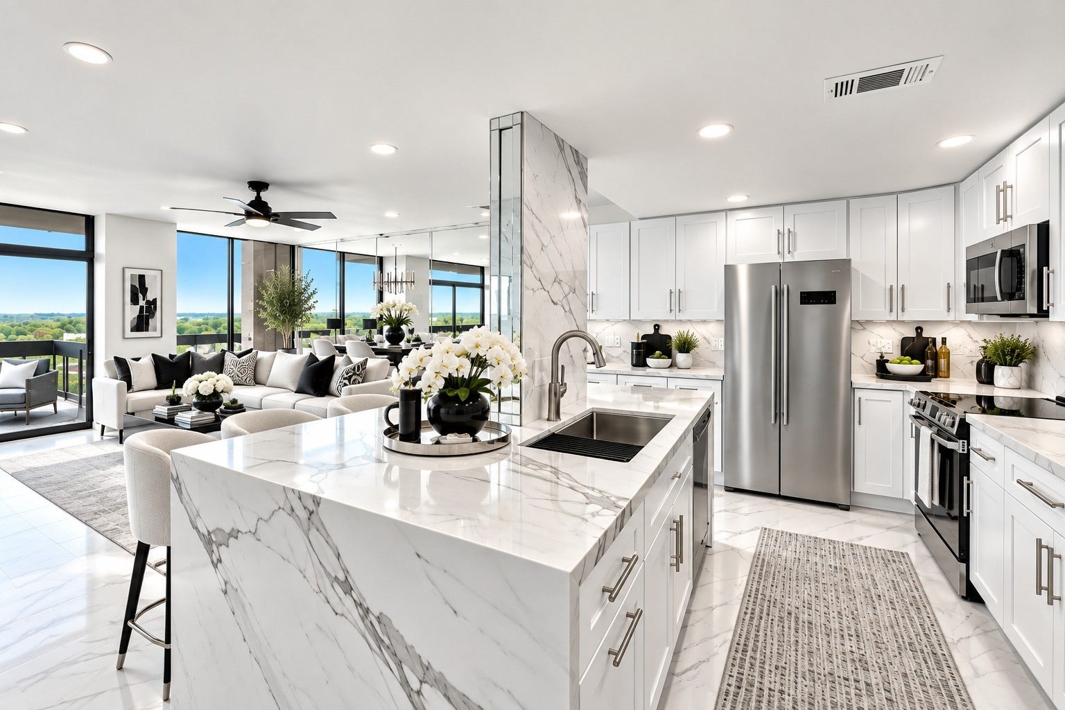 14655 Champion Forest Drive, #1201, Houston, TX 77069 CUSTOM FROM TOP TO BOTTOM! This kitchen is an entertainers meccaanchored by a spectacular Carrara marble island with dramatic mitered edges, incredible prep space & storage galore. Workstation sink with cutting board & strainer + soft-close cabinetry, drawers and sleek GE stainless appliances make it as functional as it is fabulous.