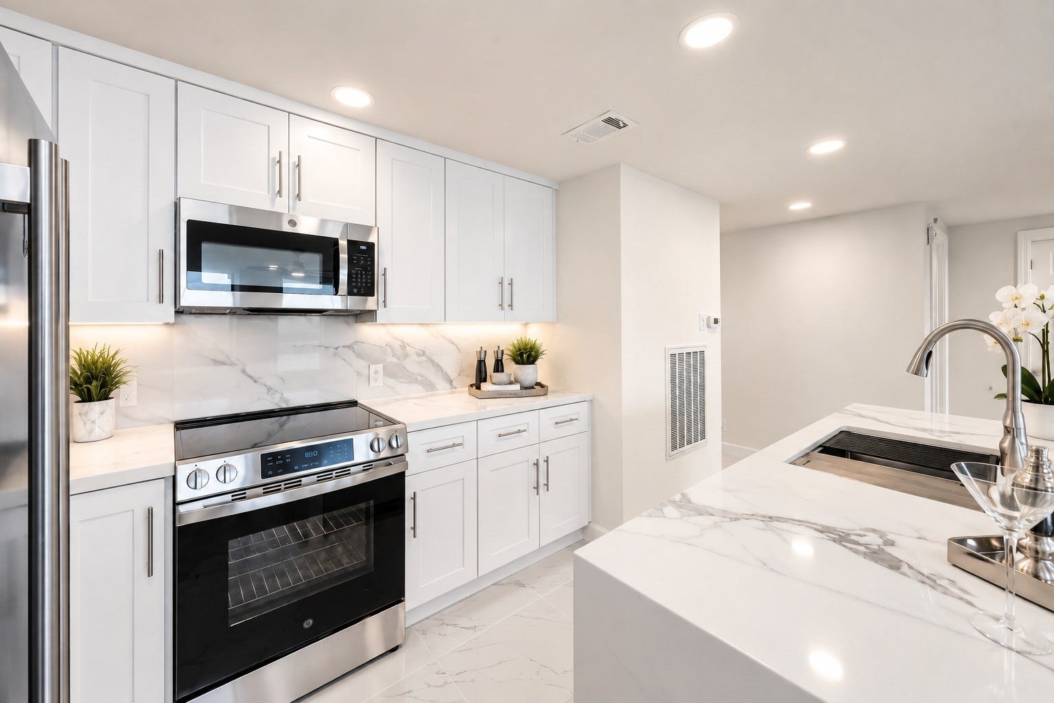 14655 Champion Forest Drive, #1201, Houston, TX 77069 READY, SET, COOK! Brand-new GE electric range & microwave are surrounded by expansive quartz counters, abundant soft-close drawers & cabinetry and generous prep space. Everything you need is beautifully within reachand bonus points: the stainless steel refrigerator stays!