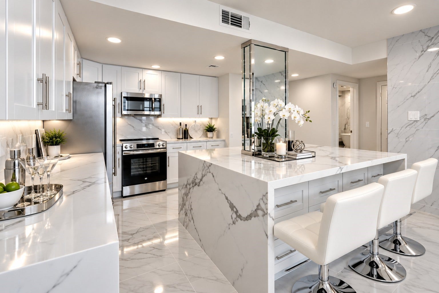 14655 Champion Forest Drive, #1201, Houston, TX 77069 BIG on STYLE. BRILLIANT on STORAGE. The showstopping mitered-edge island seats four while hiding nine deep pull-out drawers beneath the breakfast bar. A mirrored accent panel brings the glam, while sleek GE stainless oven & microwave, expansive counters and abundant cabinetry deliver serious function.