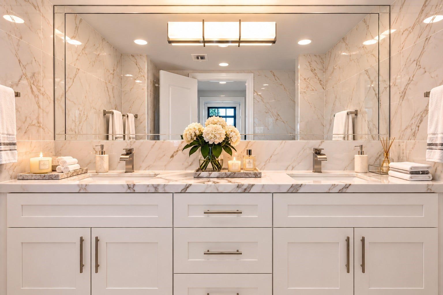 14655 Champion Forest Drive, #1201, Houston, TX 77069 EVERY DETAIL WHISPERS INDULGENCE! Dual 36" vanities with his-and-her sinks, soft-close cabinetry & sleek brushed-nickel waterfall faucets bring boutique-hotel luxury home. Beautifully veined quartz counters, abundant storage and layers of recessed and natural light complete the look. Polished, serene and proof that even the practical details deserve a little penthouse treatment.