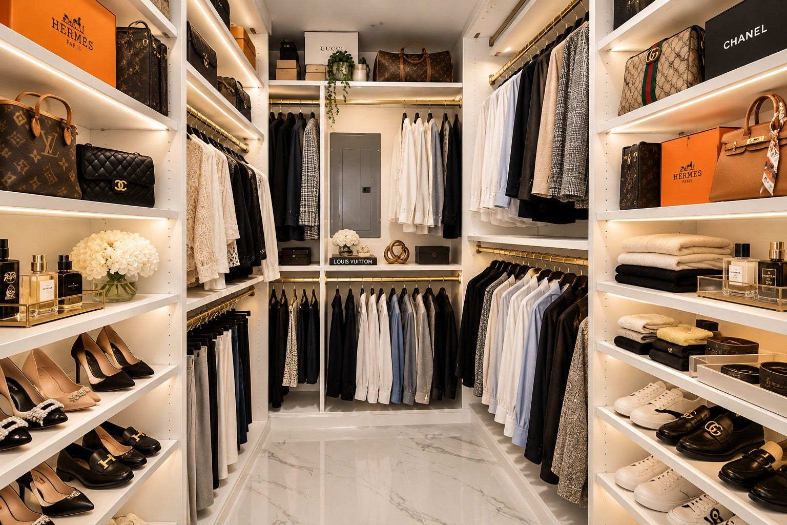 14655 Champion Forest Drive, #1201, Houston, TX 77069 CLOSET GOALS! This spacious 8' x 6' walk-in was designed with inspiration from California Closets, featuring multi-level hanging, custom shelving and room for an impressive wardrobe. Recessed lighting, updated electrical and Carrera-style tile flooring complete the polished look. Shoes, bags, suits, dressestheres a place for everything. No fighting over closet space here!