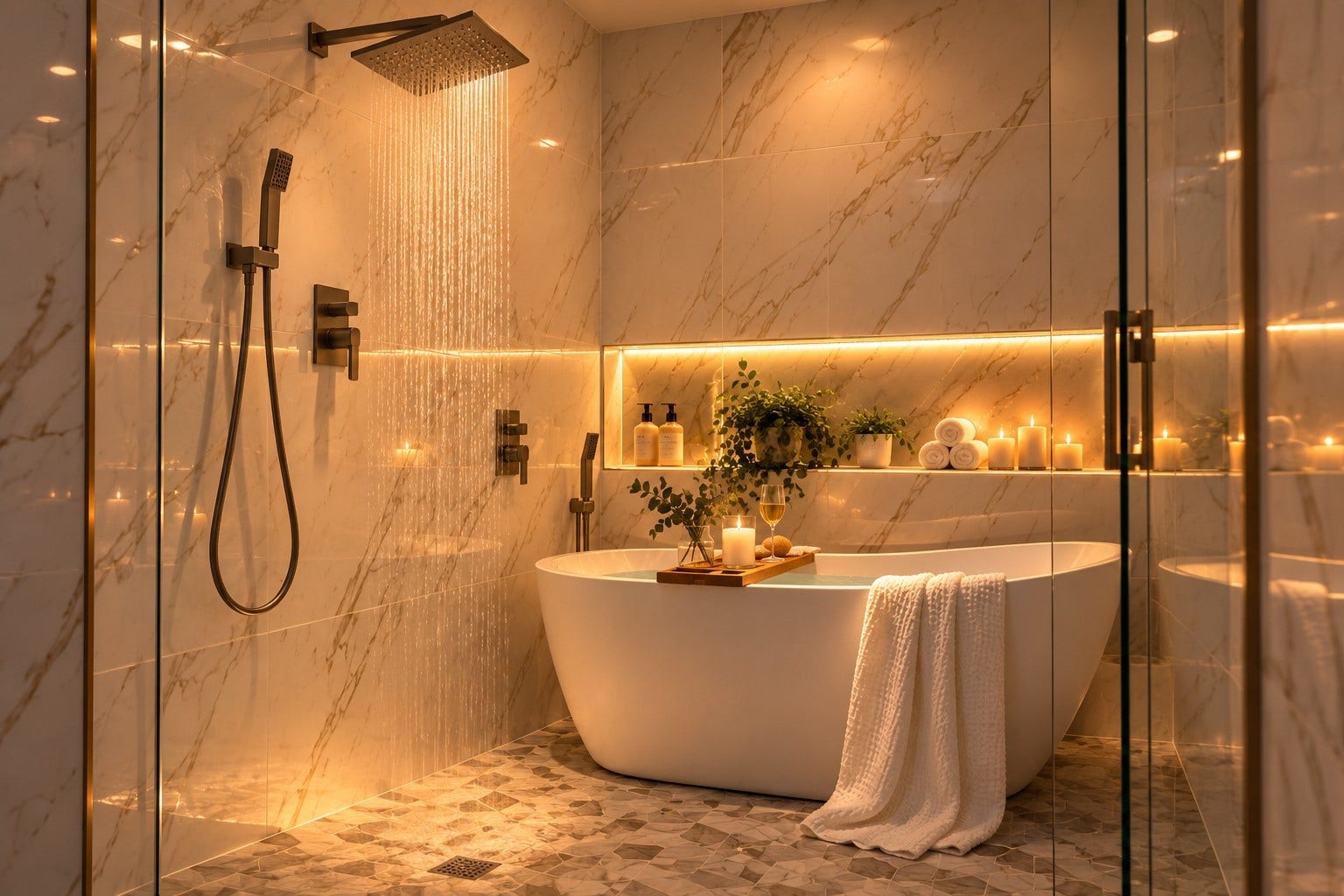 14655 Champion Forest Drive, #1201, Houston, TX 77069 WHEN THE LIGHTS GO DOWN Step inside the show-stopping, glass-enclosed wet room featuring floor-to-ceiling marble-look tile, a deep freestanding soaking tub, rainfall shower, handheld shower wand & sleek brushed-nickel fixtures. Underfoot, gorgeous mosaic tile adds texture, while the illuminated built-in niche casts a soft ambient glow.