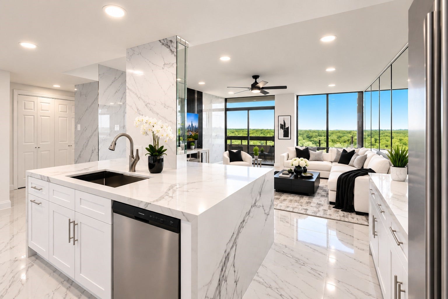 14655 Champion Forest Drive, #1201, Houston, TX 77069 THE BEST SEAT IN THE KITCHEN! Meal prep comes with a 12th-floor view! Chef-inspired workstation sink features a stainless steel basin liner, slide-in cutting board, mesh strainer & drying rack. Add a touchless faucet that activates with a wave and nearby dishwasher for easy cleanup.