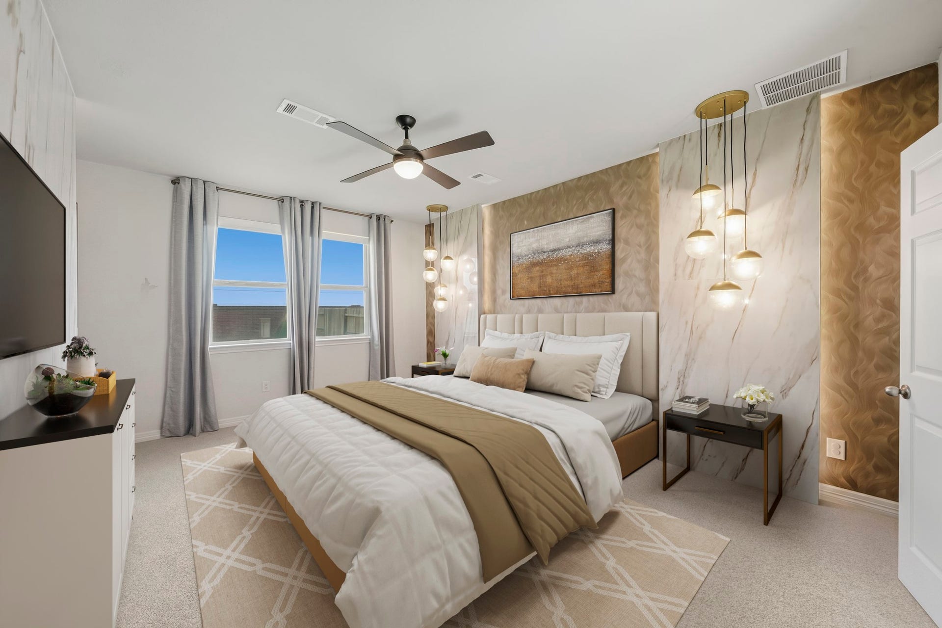 Virtually Staged: This spacious primary bedroom offers a luxurious retreat with a dramatic designer accent wall featuring marble-inspired panels, warm textured details, and statement pendant lighting. Large windows fill the room with natural light, while plush carpeting and a ceiling fan add everyday comfort. The generous layout provides ample space for a full bedroom suite, complemented by sophisticated contemporary finishes.