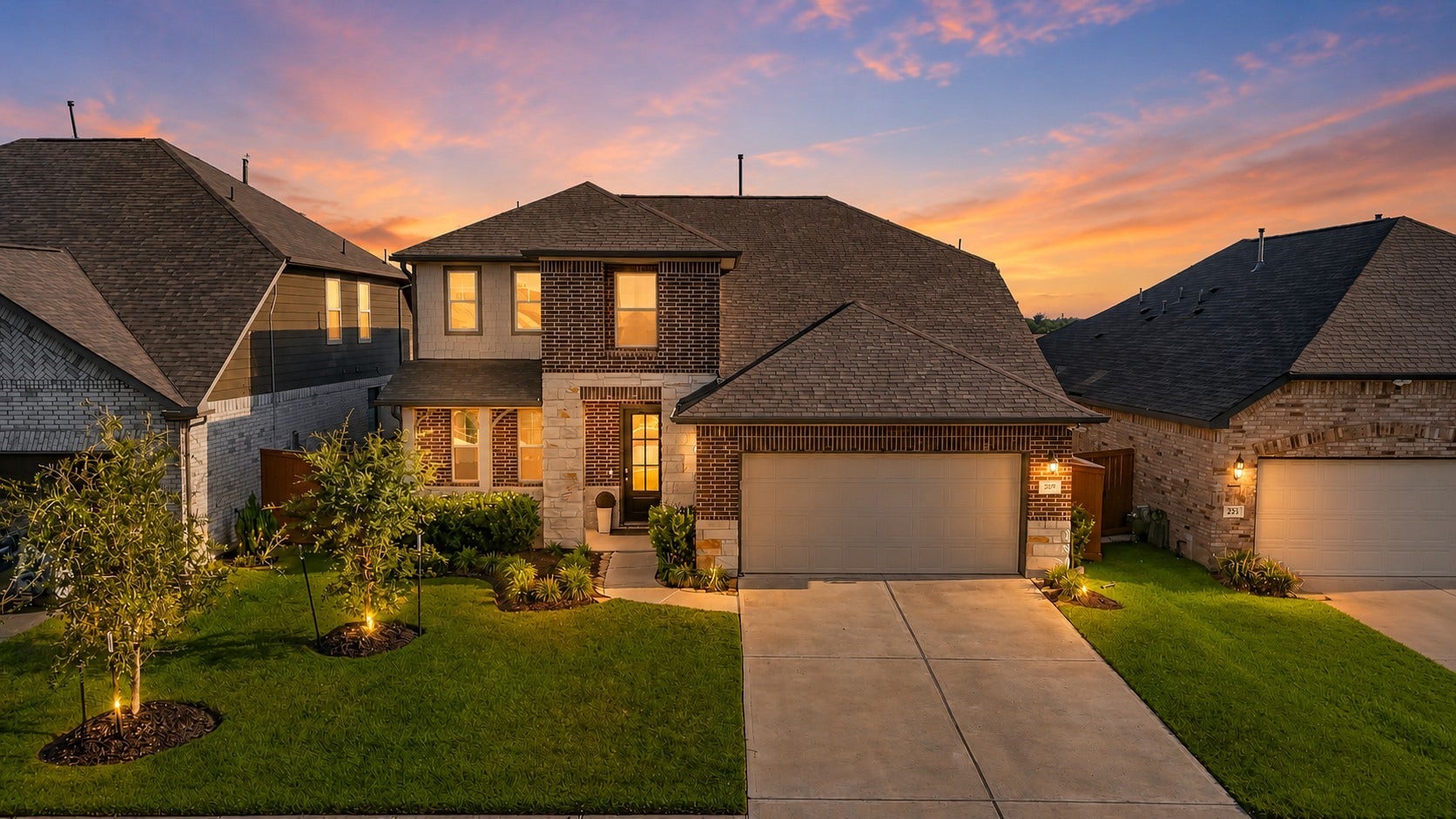 This attractive two-story home offers inviting curb appeal with a handsome blend of brick, stone, and contrasting exterior accents. A spacious two-car garage, covered front entry, manicured lawn, and established landscaping create a welcoming first impression, while the wide driveway provides convenient off-street parking.