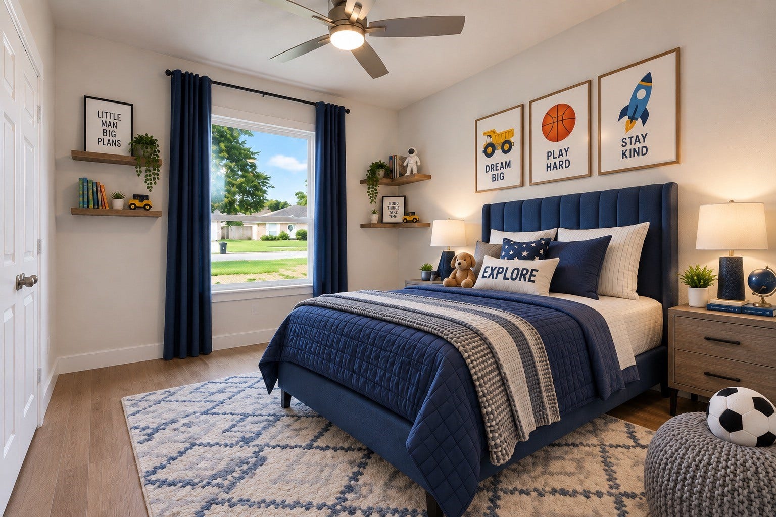 Charming bedroom with a cozy navy blue theme, playful wall art, and ample natural light from a large window. AI Generated