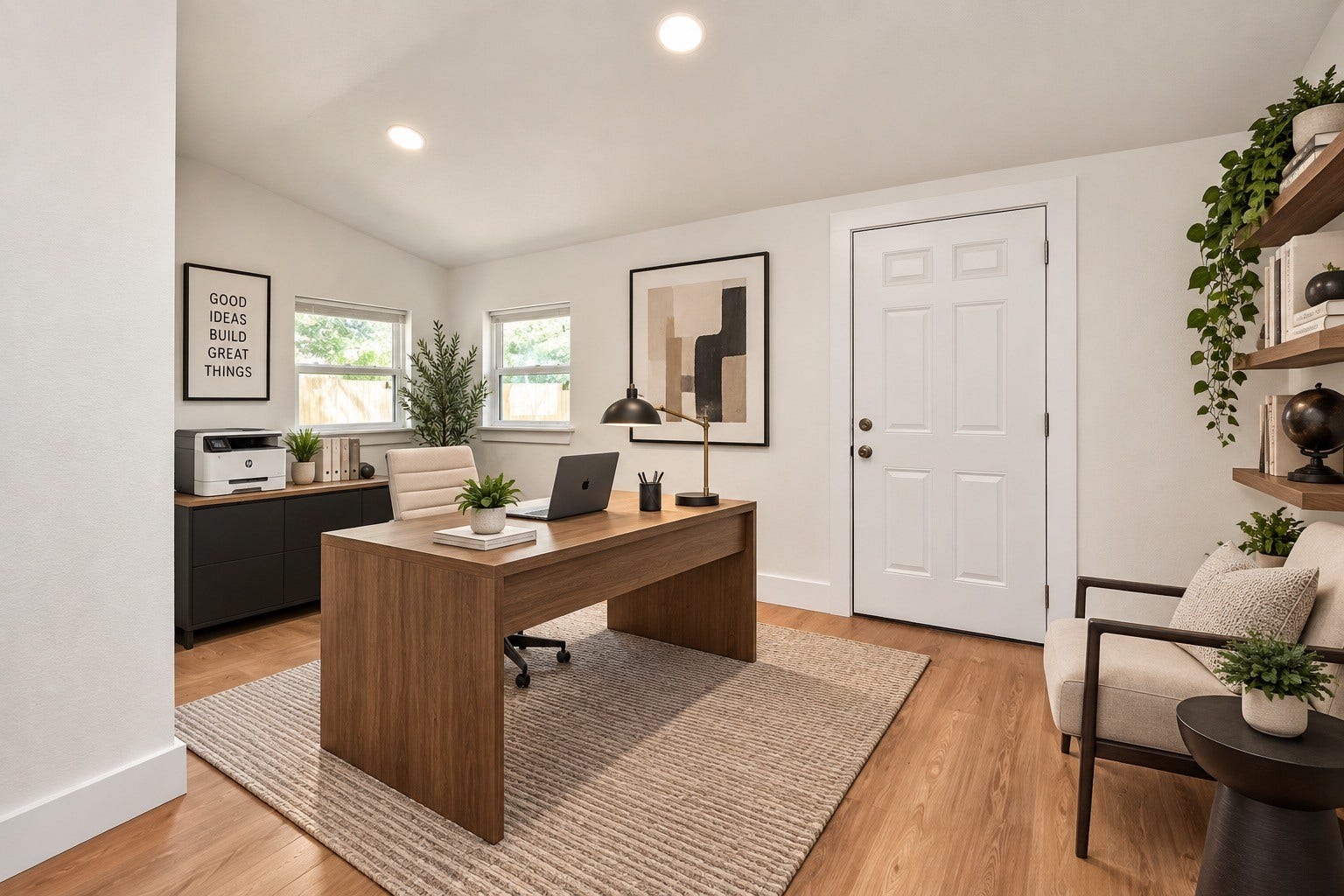 Bright and modern home office with a sleek wooden desk, cozy seating, and ample natural light, perfect for productivity and comfort. AI Generated