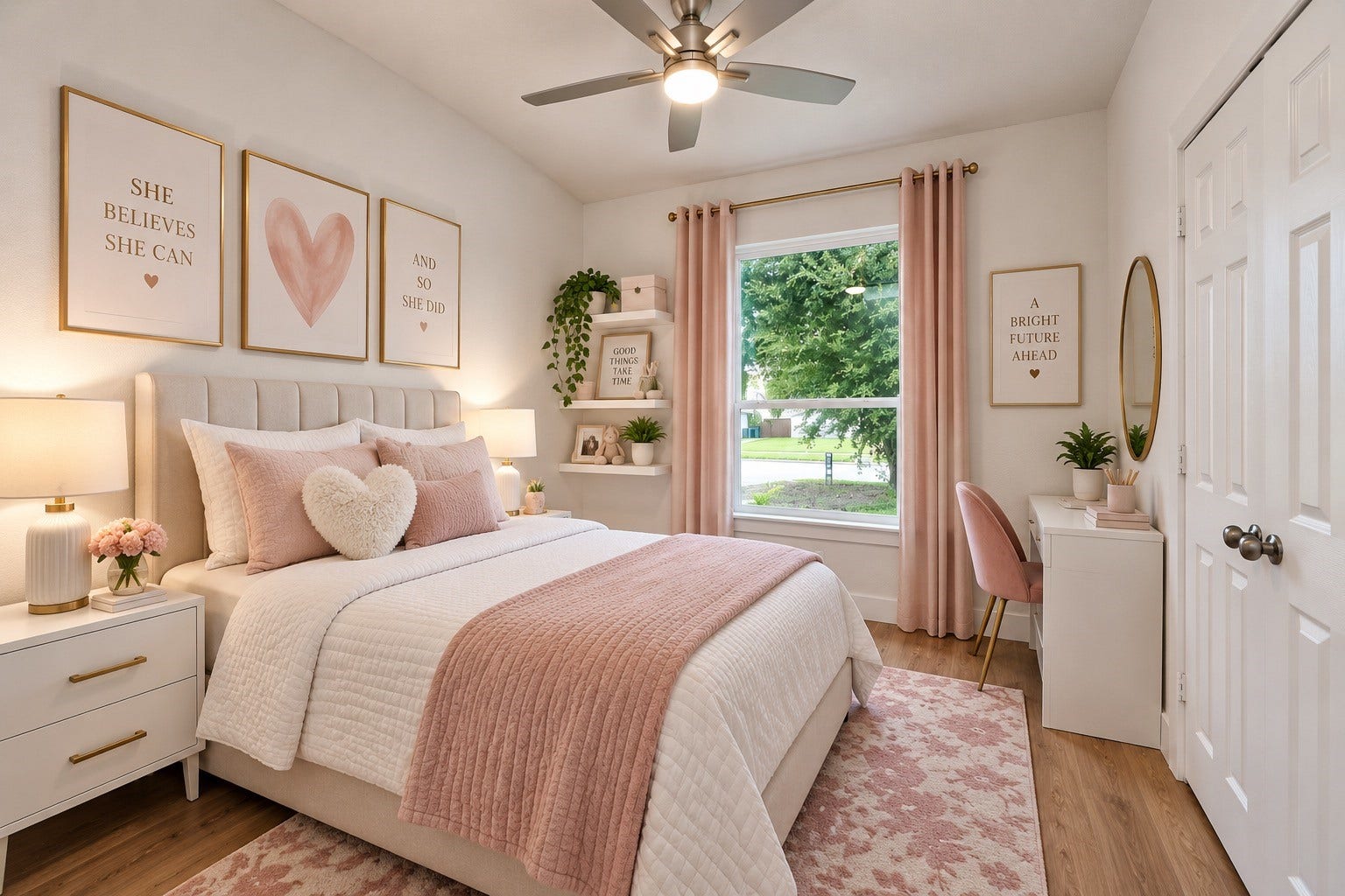 Charming bedroom with a cozy bed adorned with soft pink accents and stylish artwork. A large window offers natural light, complementing the serene, inviting dcor. AI Generated