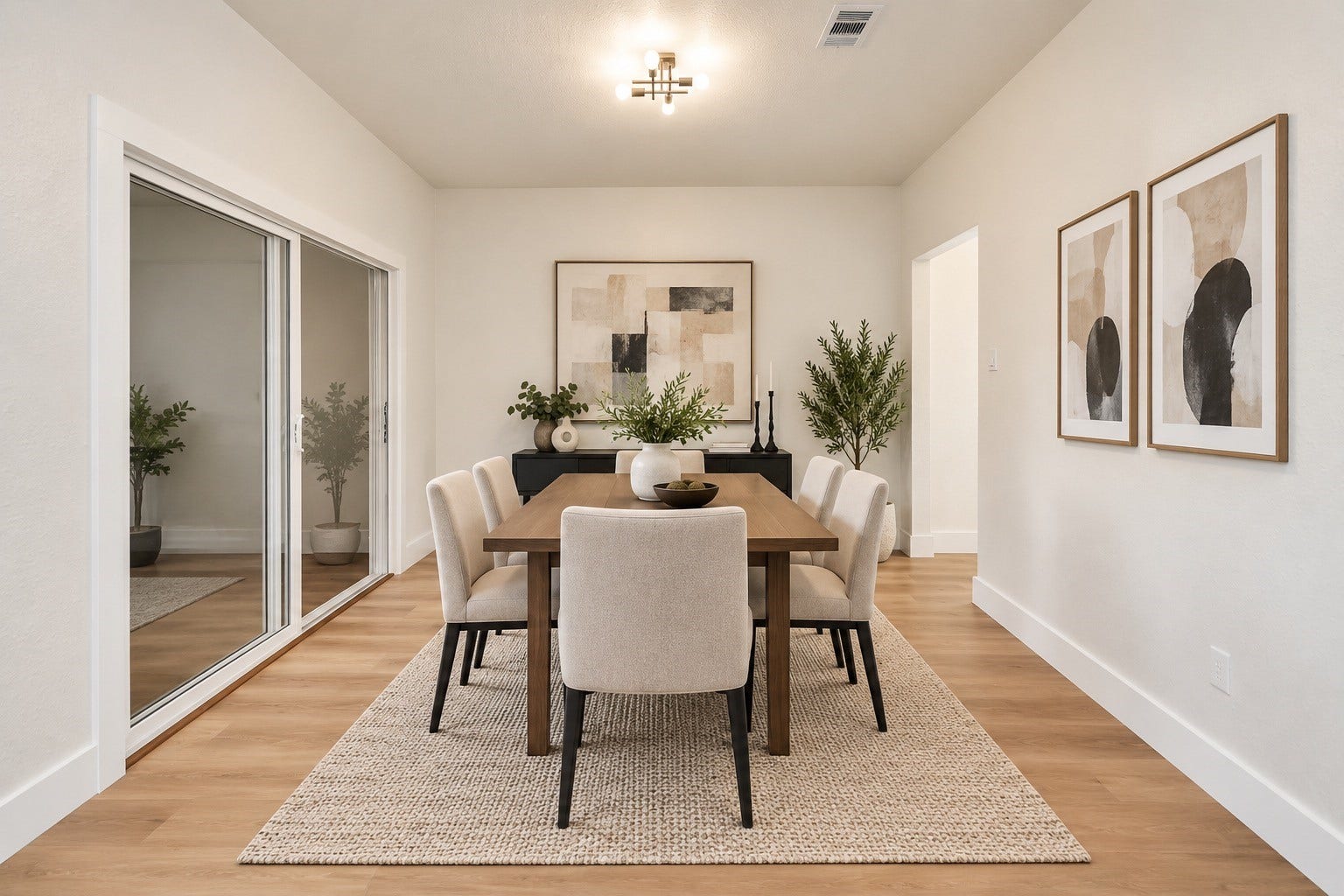 Elegant dining room with a modern chandelier, neutral tones, and sliding glass doors leading to an outdoor space. AI Generated