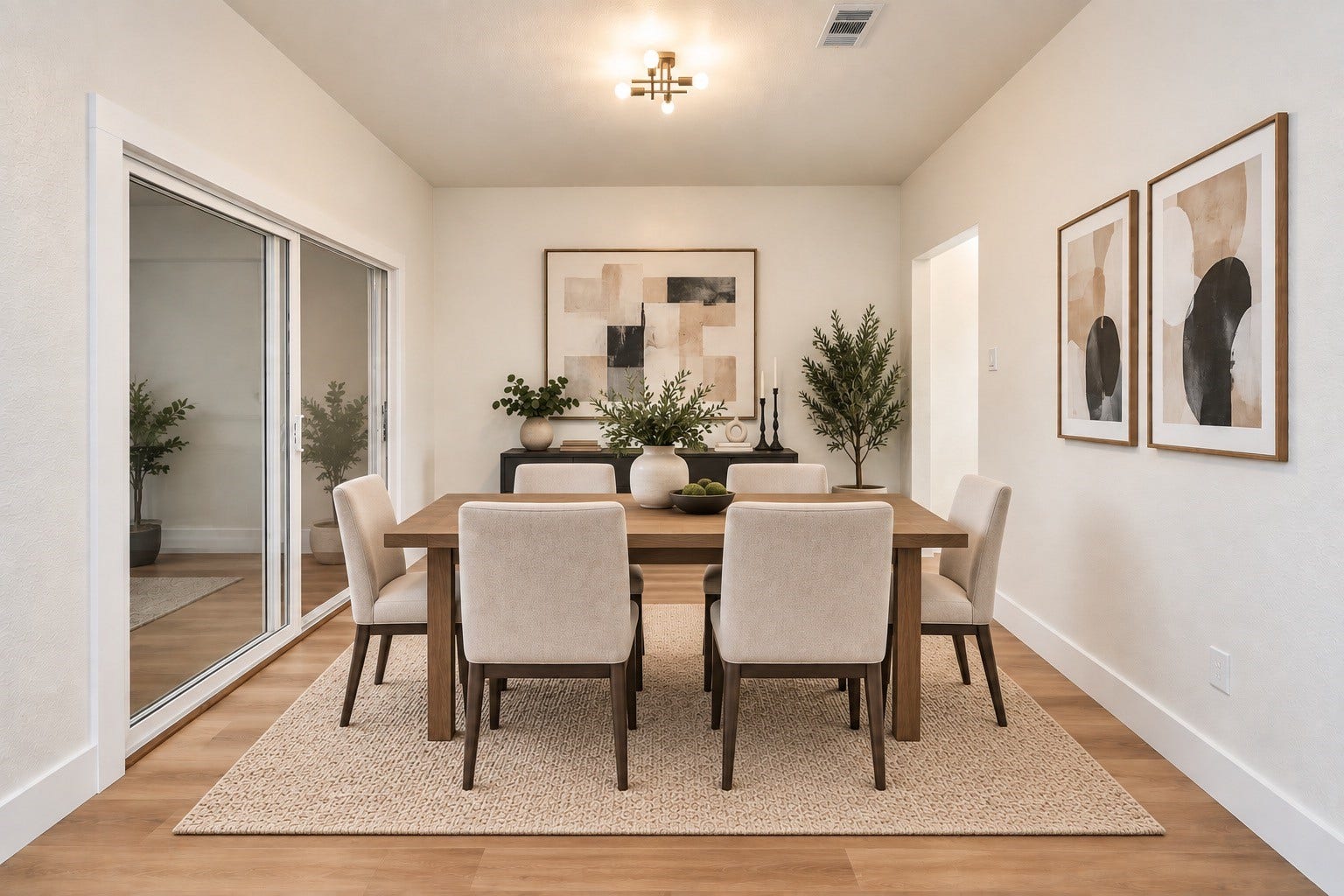Elegant dining room featuring a modern chandelier, tasteful artwork, and a sleek table with plush seating, all set against neutral tones for a sophisticated ambiance. Generated